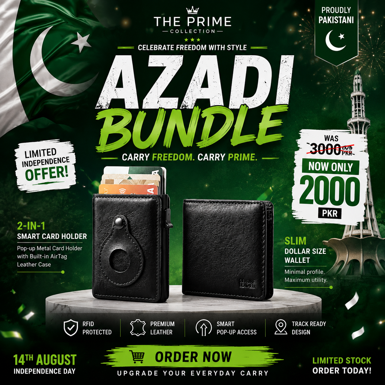 Azadi bundle with Pop Up Metal card holder + Dollar Size slim wallet